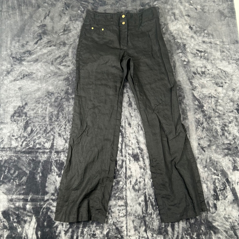 Grace Elements Linen Trousers Womens 4 Black Wide‎ Leg Gold Hardware 2903